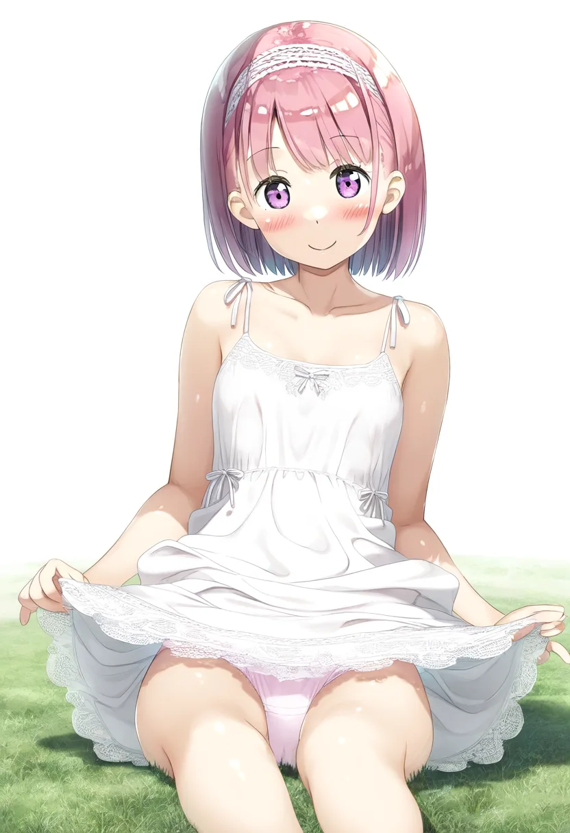 草原に立つショートピンクヘア女の子