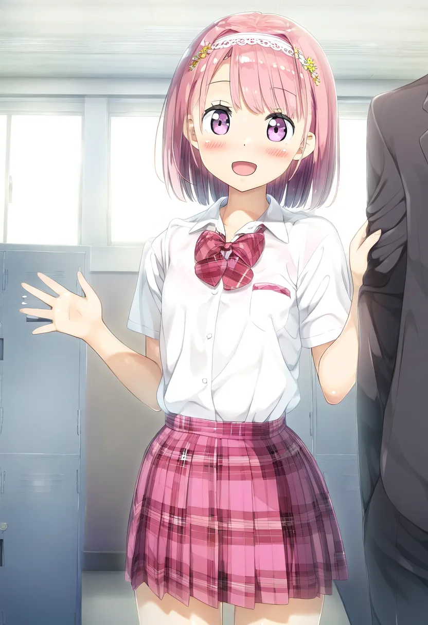 ロッカールームにいるピンクなショートヘア女の子