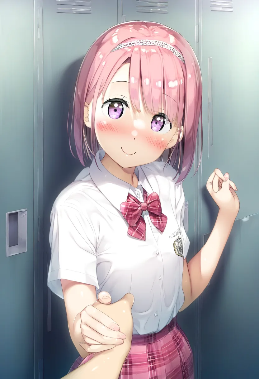 ロッカールームにいるピンクのショートヘア女の子