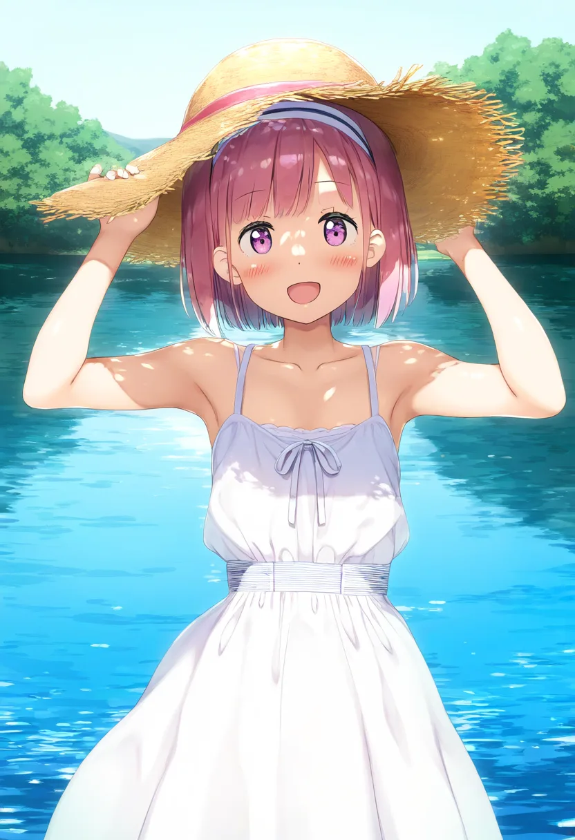 ショートのピンクヘア女の子は湖ではしゃいでいる