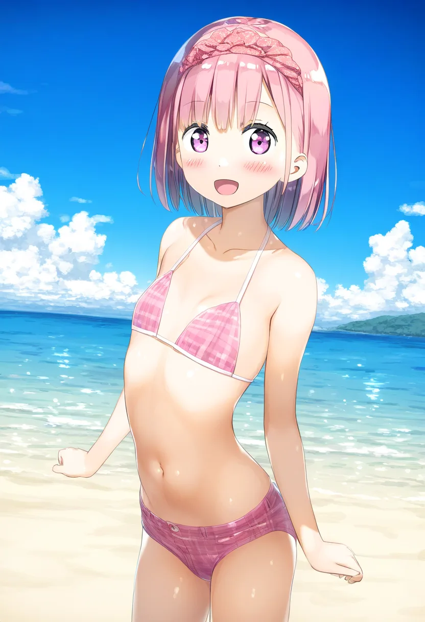 ビーチではしゃぐピンクのショートヘア女子