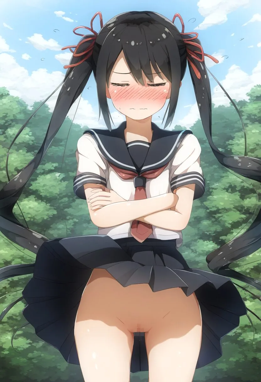 ノーパンで外立ちする黒髪ツインテ女子