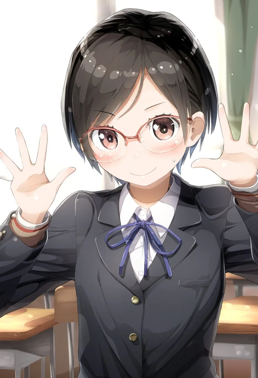 元気メガネ女子が教室で踊っている