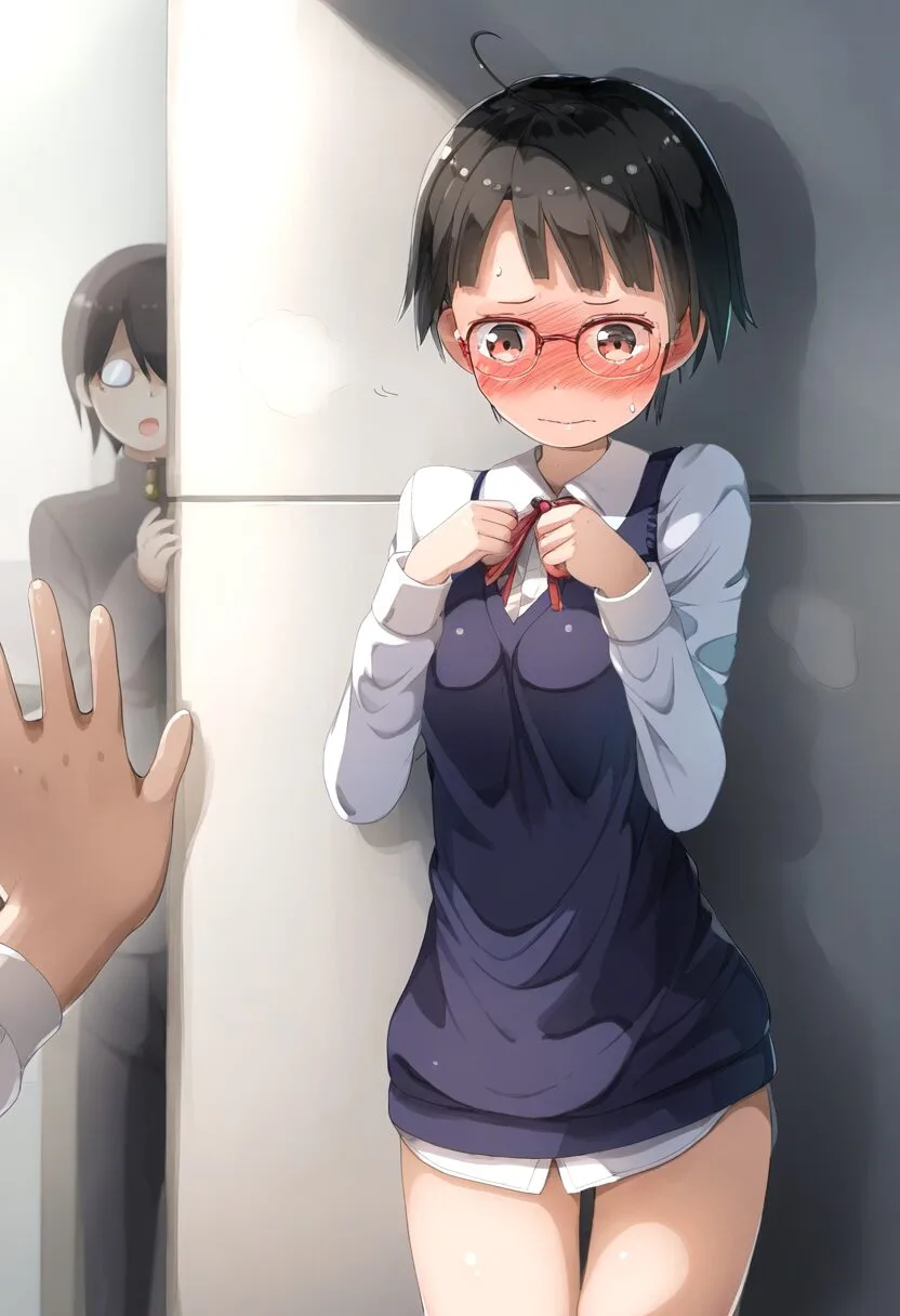 ボトムレスで廊下に立たされる黒髪短髪眼鏡女子