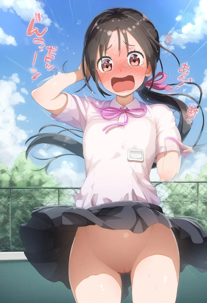 風が吹いてもノーパンで恥ずかしい黒髪ポニテスポーティ女子