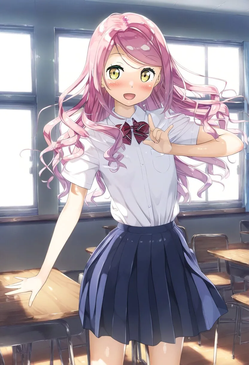ピンクヘア女の子が教室ではしゃぐ