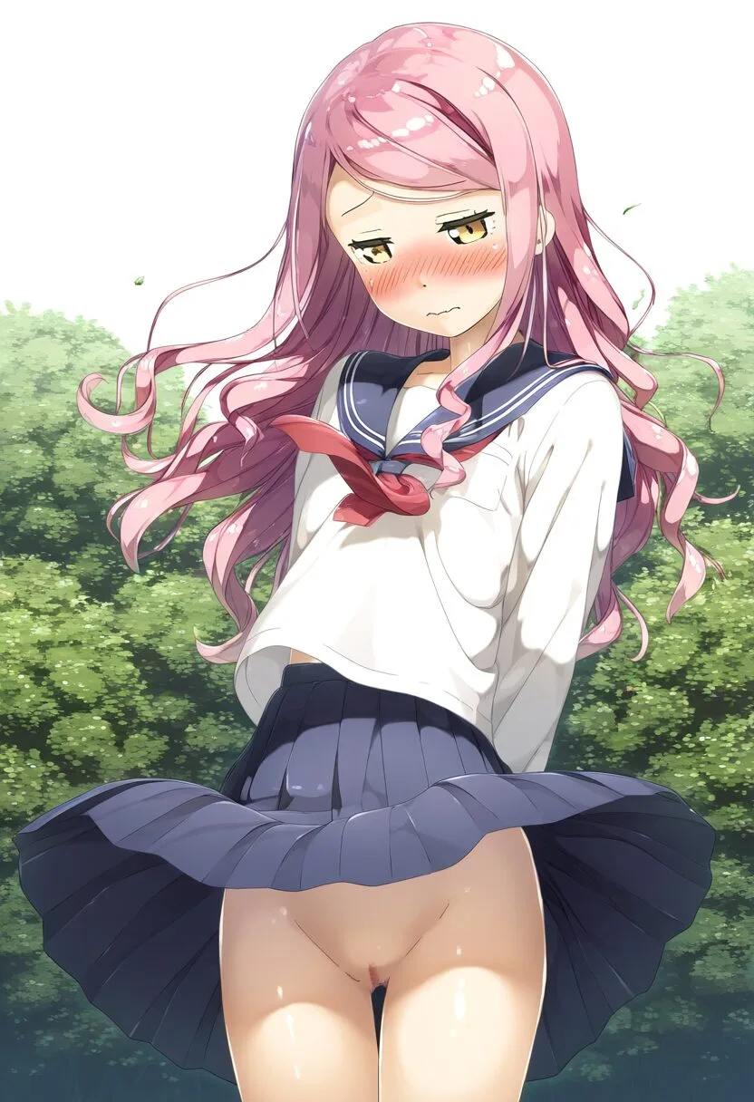 ピンクな天パ女の子は規則違反でノーパンで外に立たされる