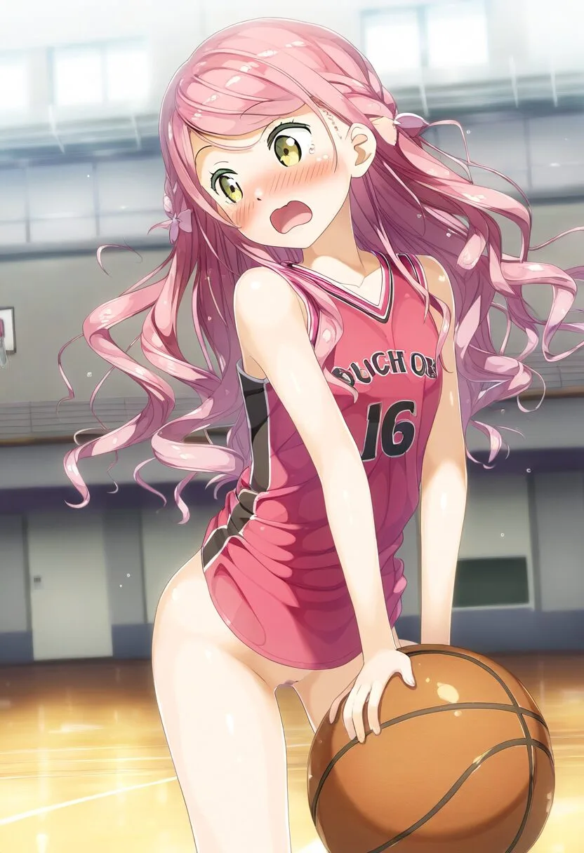 ノーパンバスケの刑を受ける天パなピンク髪の女子