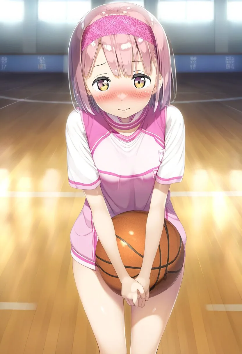 やらかしたショートピンクヘア女の子はノーパンでバスケ
