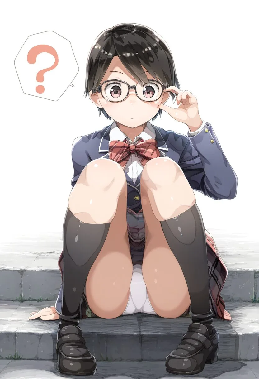 階段の上でパンツ見せてる黒髪短髪眼鏡女子