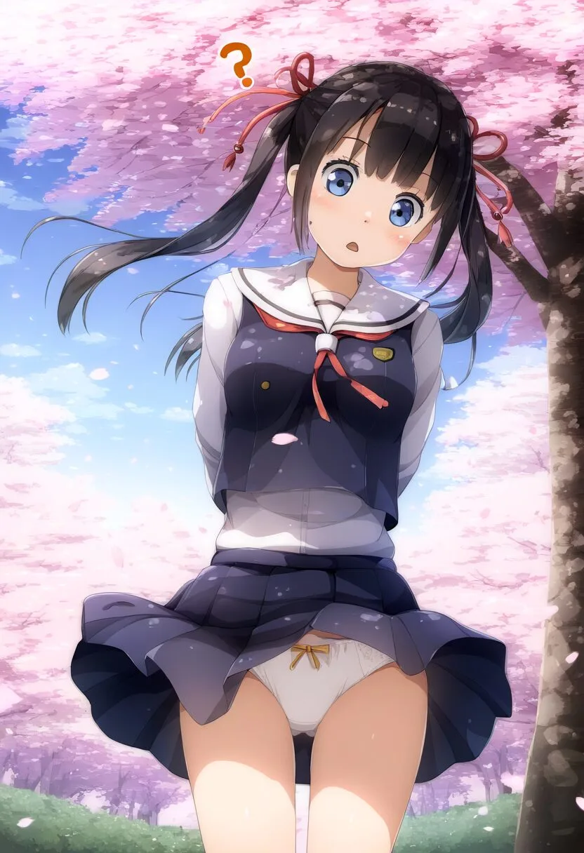 パンチラする黒髪のツインテール女子