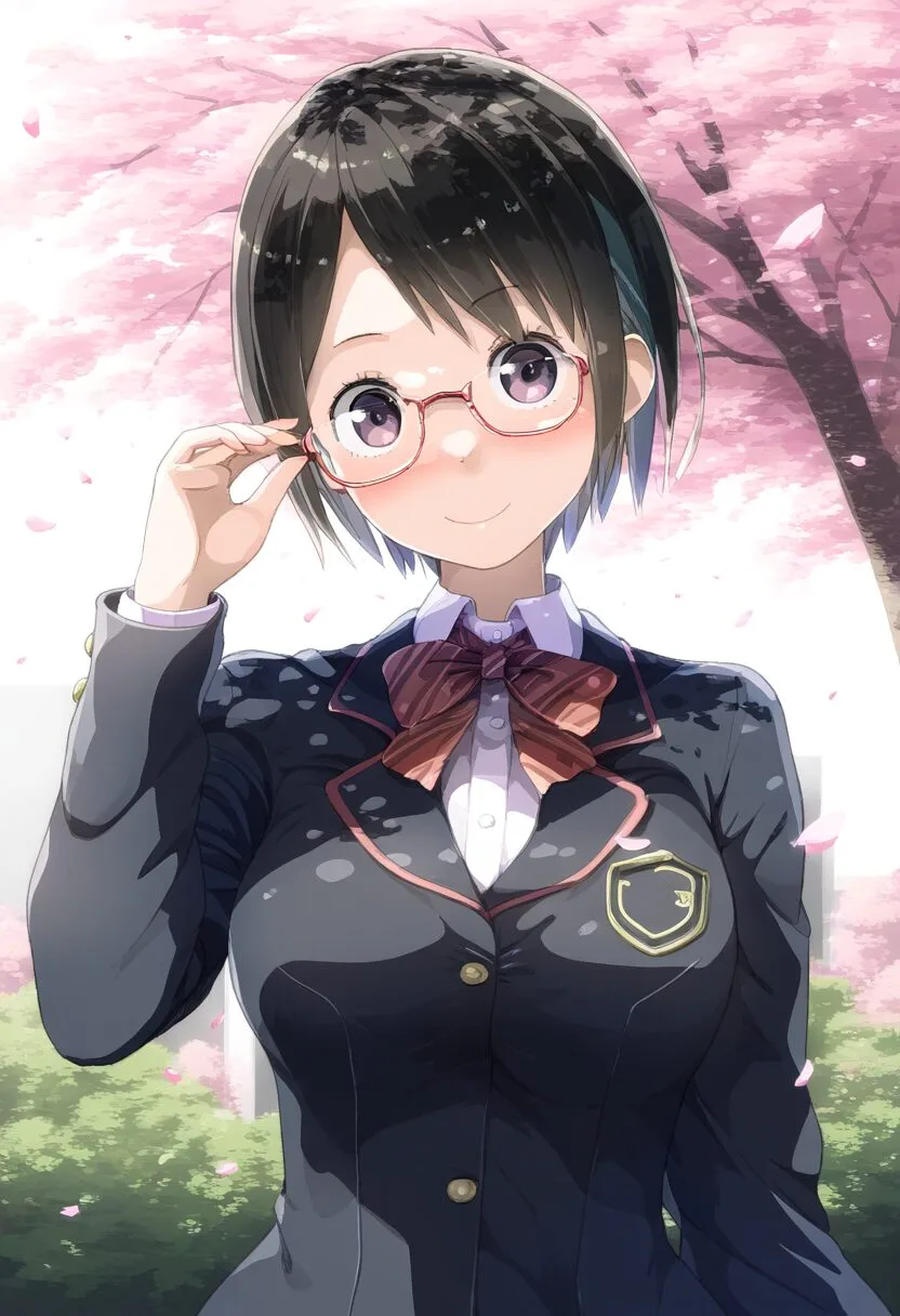 桜の樹のしたにいる元気メガネ女子
