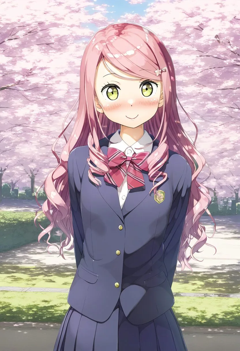桜並木とピンクな天パ女の子