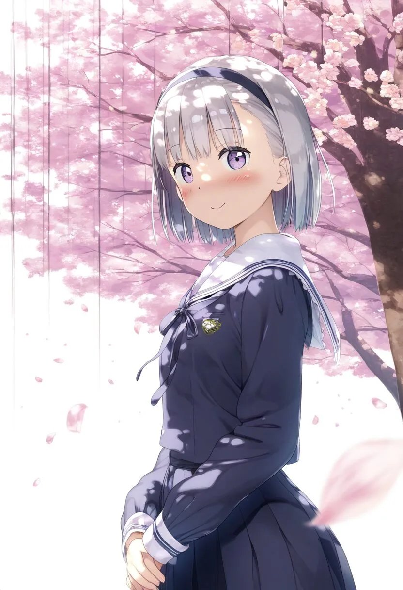 桜並木と銀髪ショートの女子