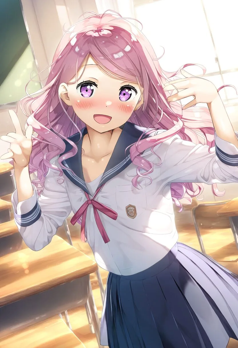 天パなピンク髪の女子が教室で踊っている