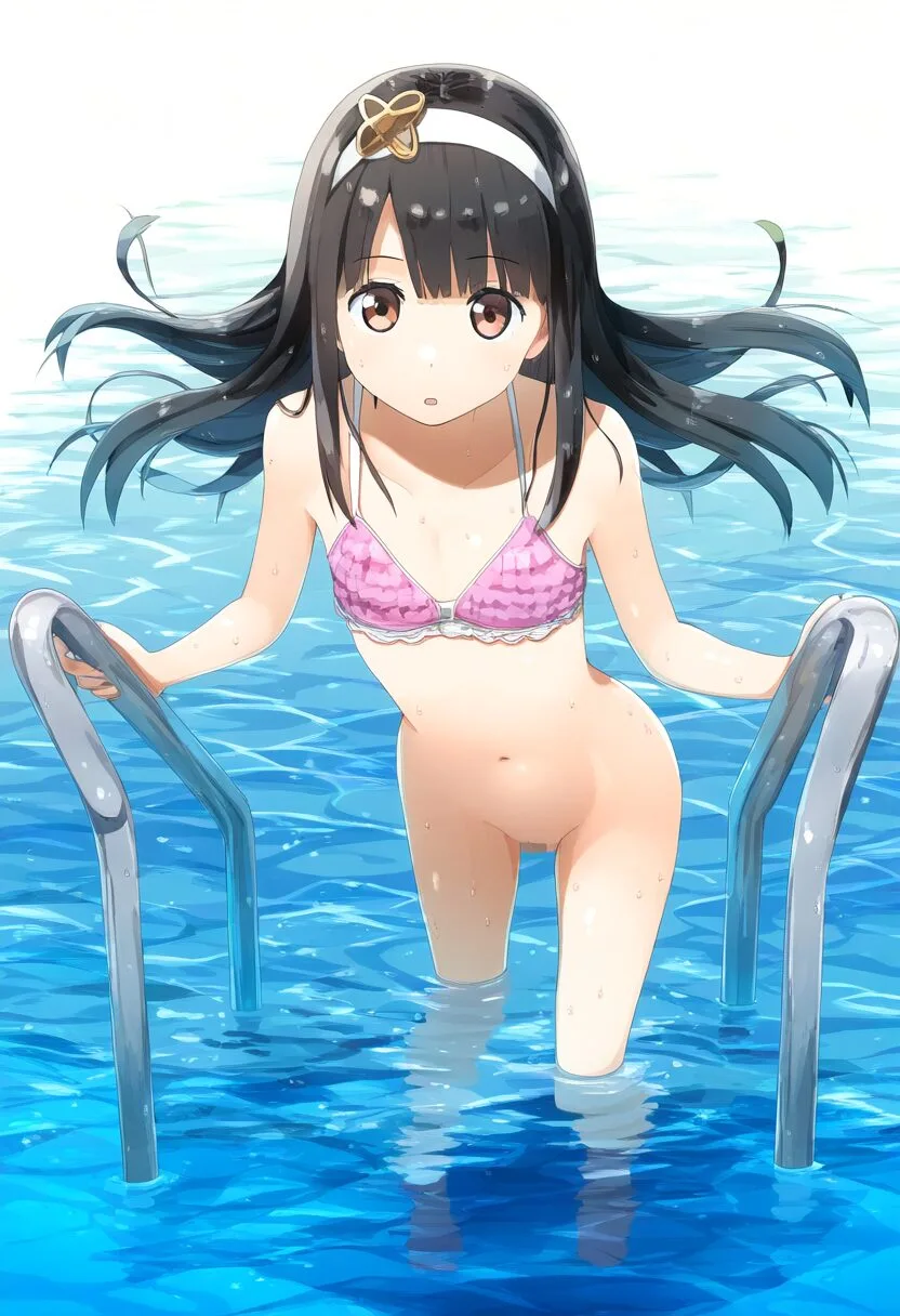 黒い髪とヘアバンドの女子は下が脱げているのに気づかない