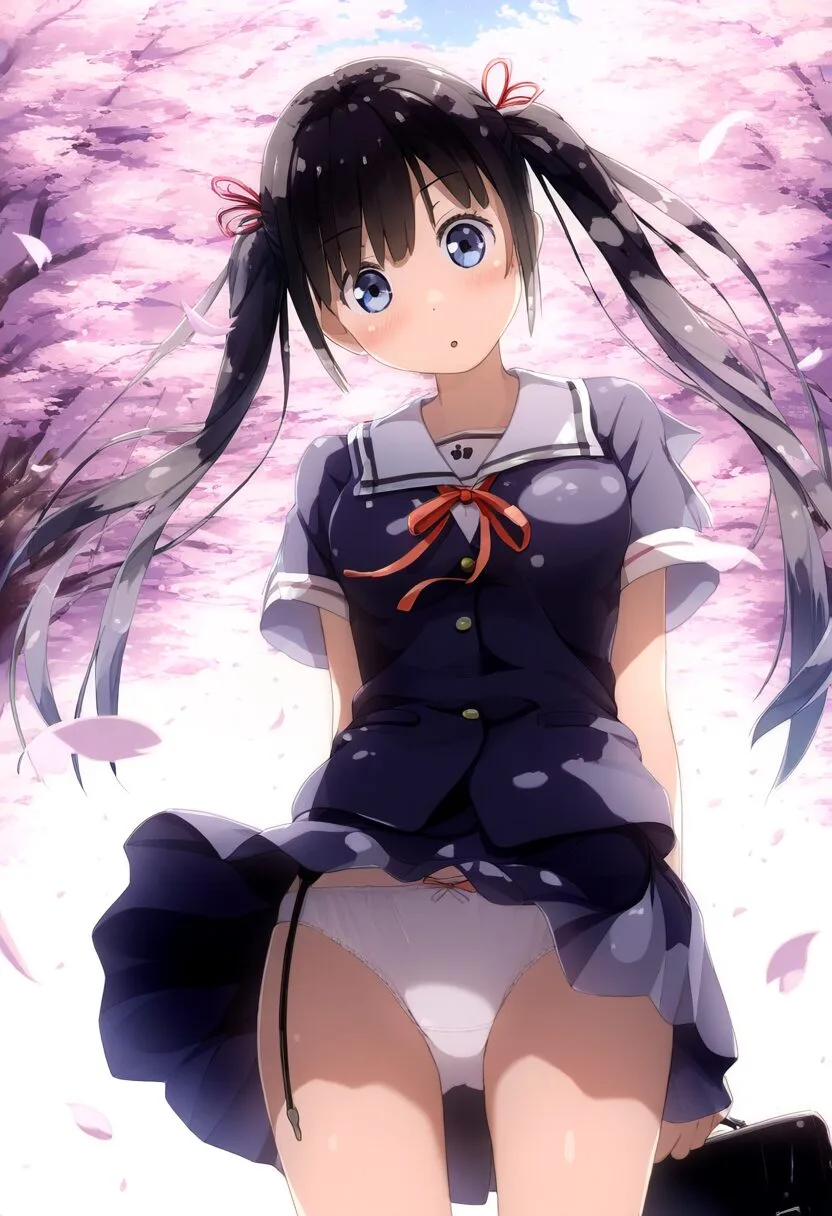 パンチラに気づかない黒髪ツインテ女子