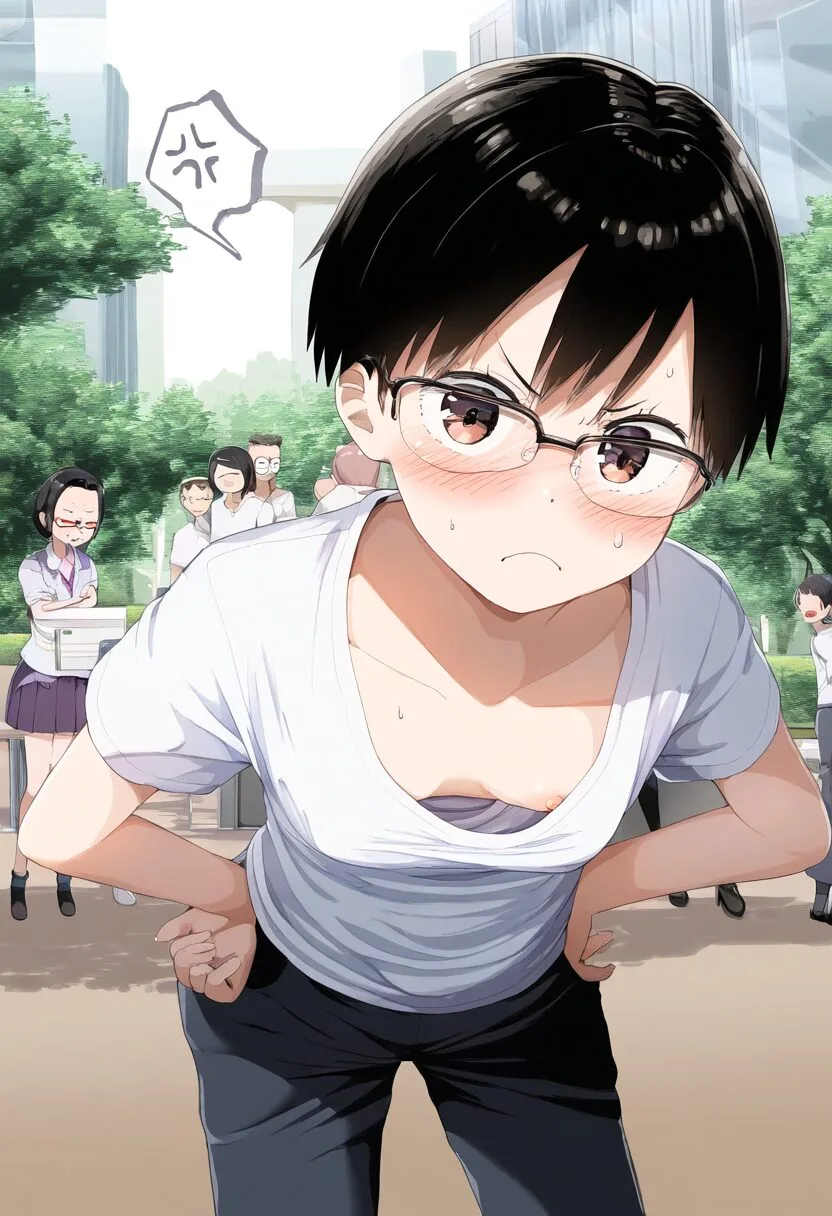 乳首見えちゃってる黒髪短髪メガネ女子