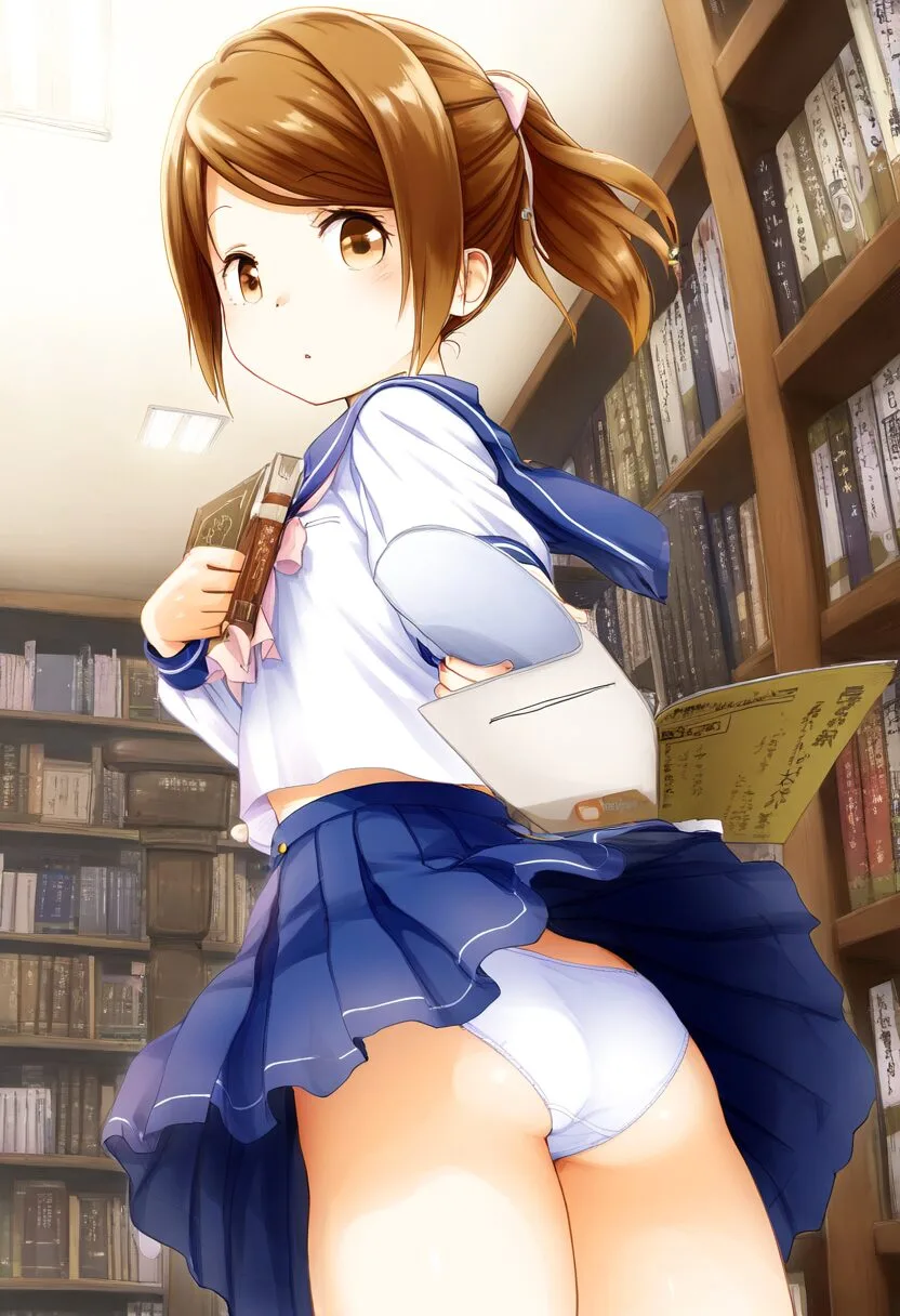 チラリズムの定番。グレーヘアーの女子が図書館で。