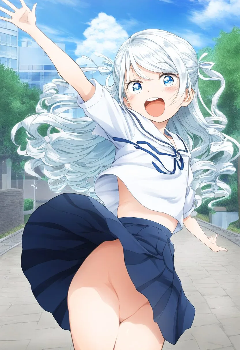 お尻見えてるのに笑顔な可愛い銀髪女子