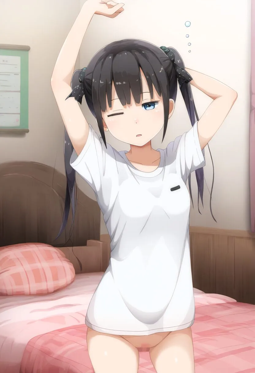 寝起きのツインテール娘