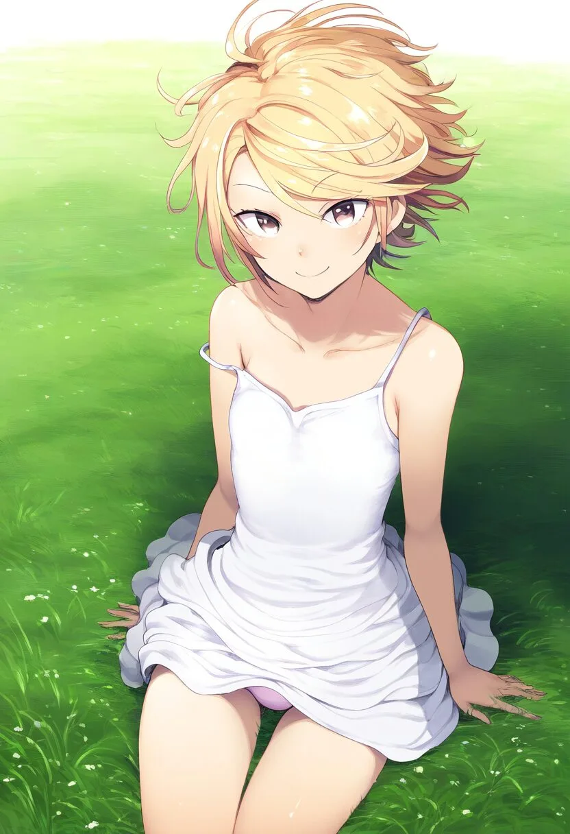 草原で微笑むボーイッシュ女子