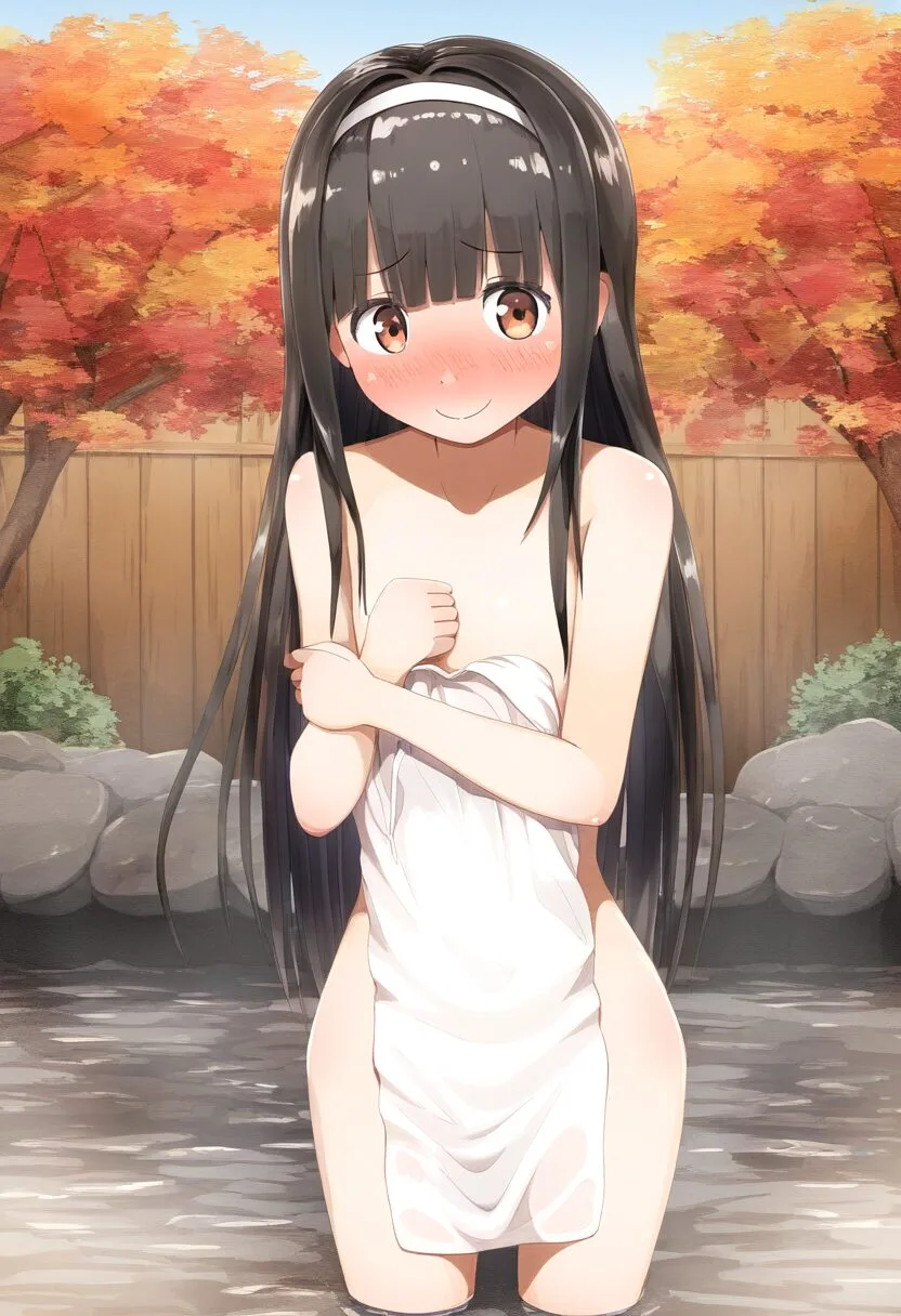 黒髪ぱっつん女子が温泉でタオル持ってる
