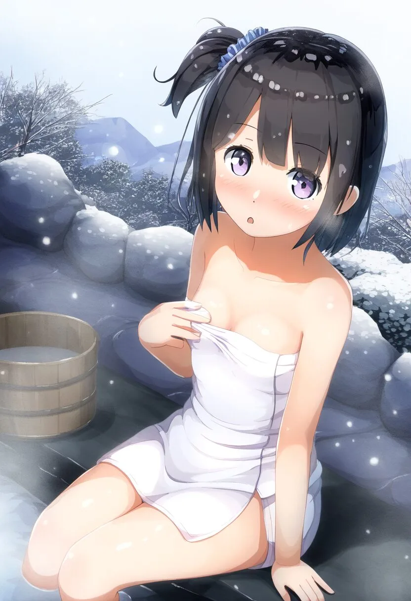 冬の温泉にいる可愛らしい女子
