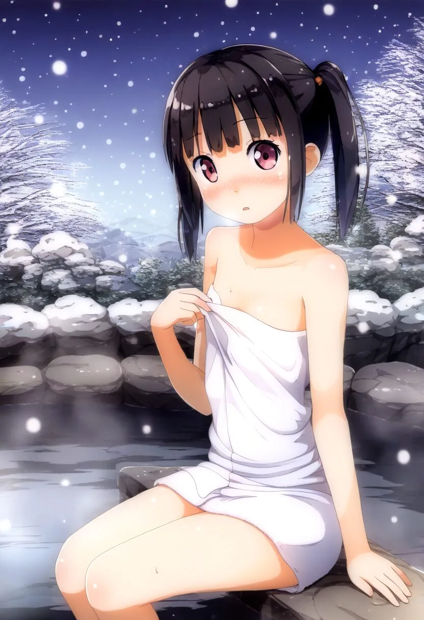 ツインテール女子は温泉で座っている