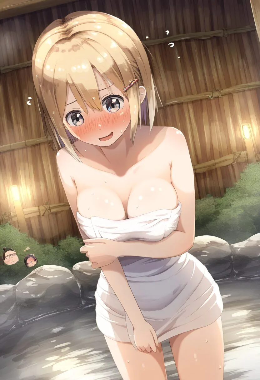 金髪の可愛い女の子の秘部はタオルで隠されている