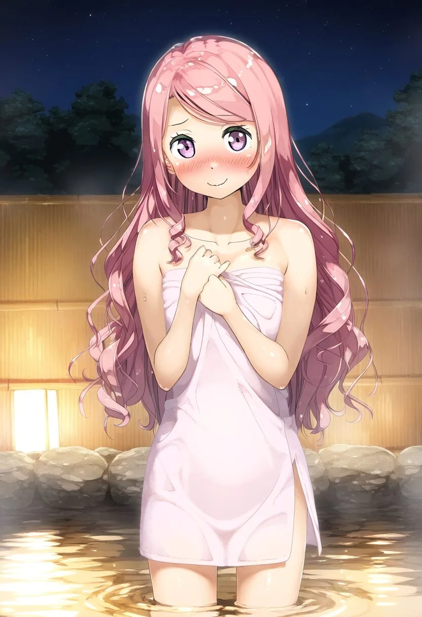 タオルで隠すピンクな髪の女子