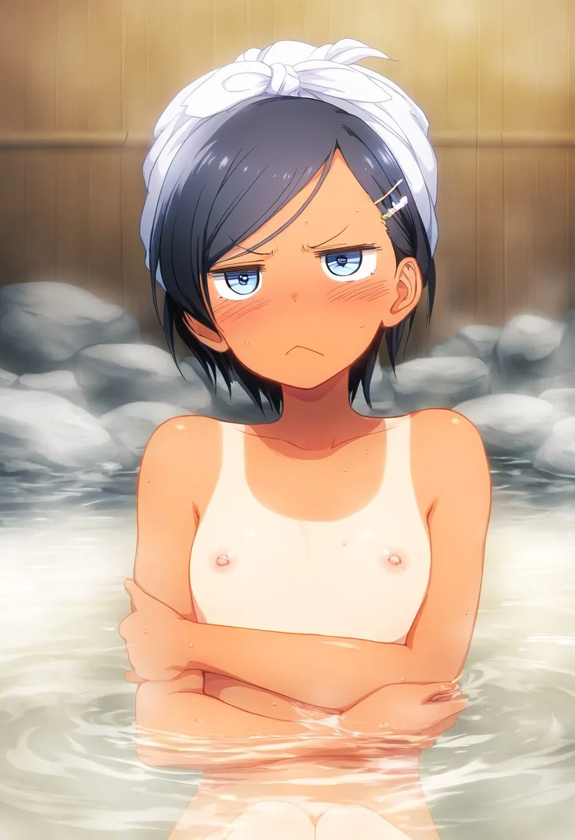 温泉で日に焼けた女子と二人。全裸。