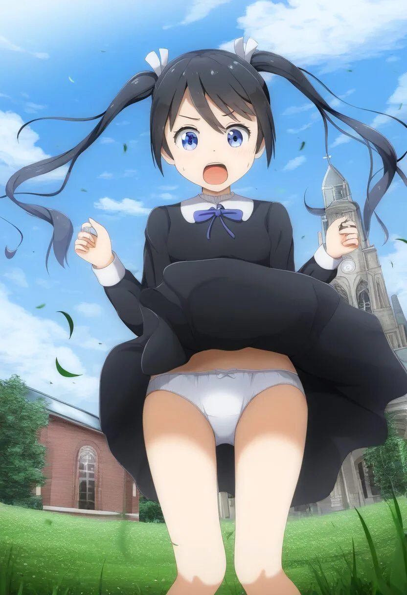 風の悪戯でパンツ見えてるツインテールな女子