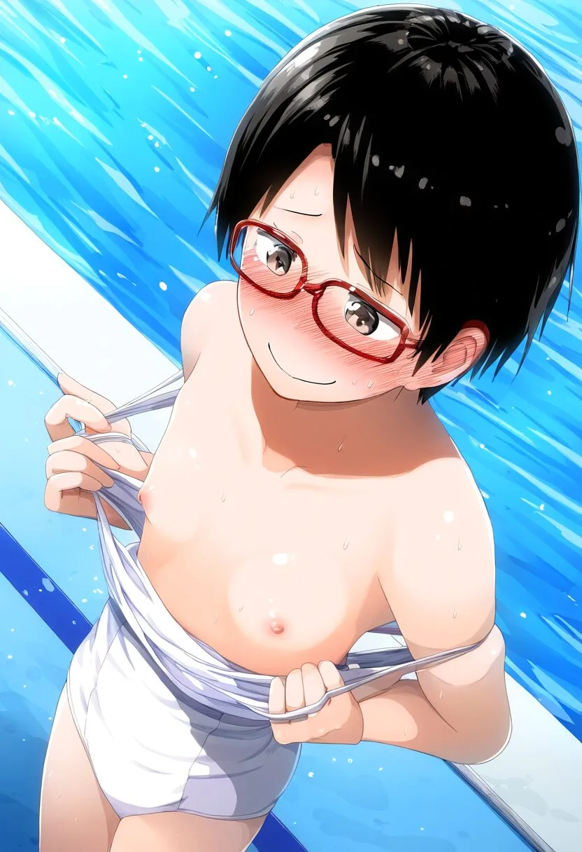 プールでトップレスになっちゃった元気メガネ女子