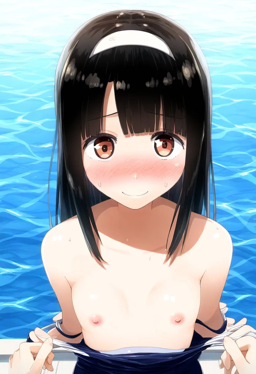 おっぱい出した黒髪が綺麗な女子-in-pool