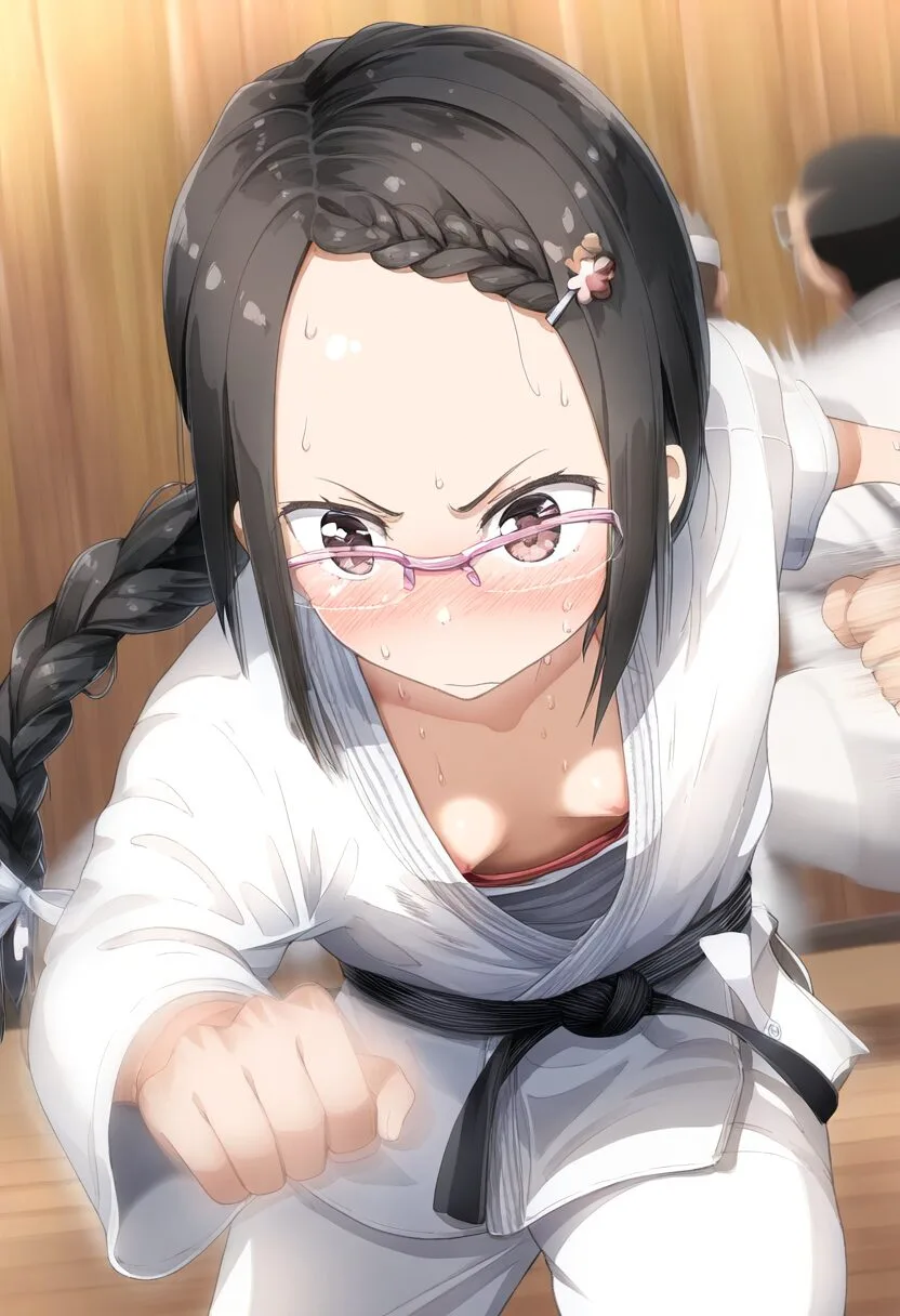 柔道中におっぱいポロリなメガネ女子
