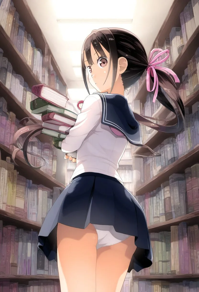 図書館でパンチラするポニテ女子