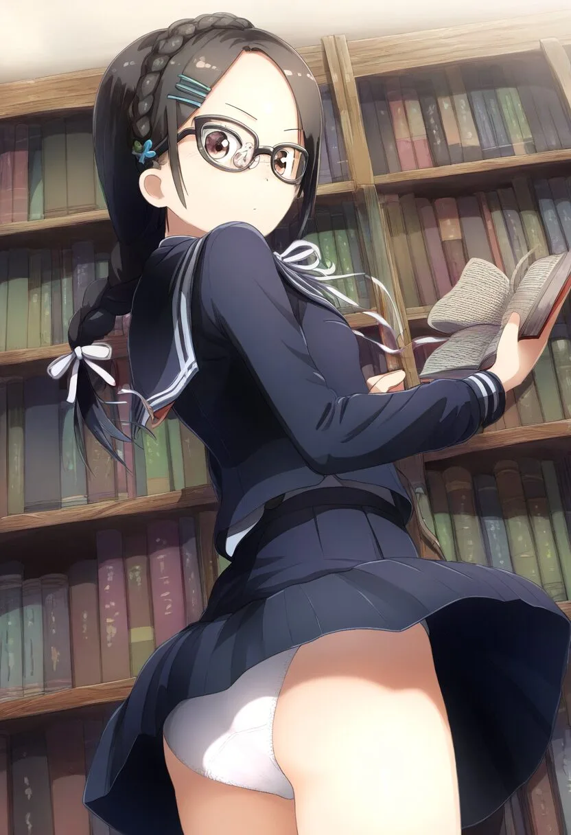 図書館でパンチラする黒髪ロングメガネ女子