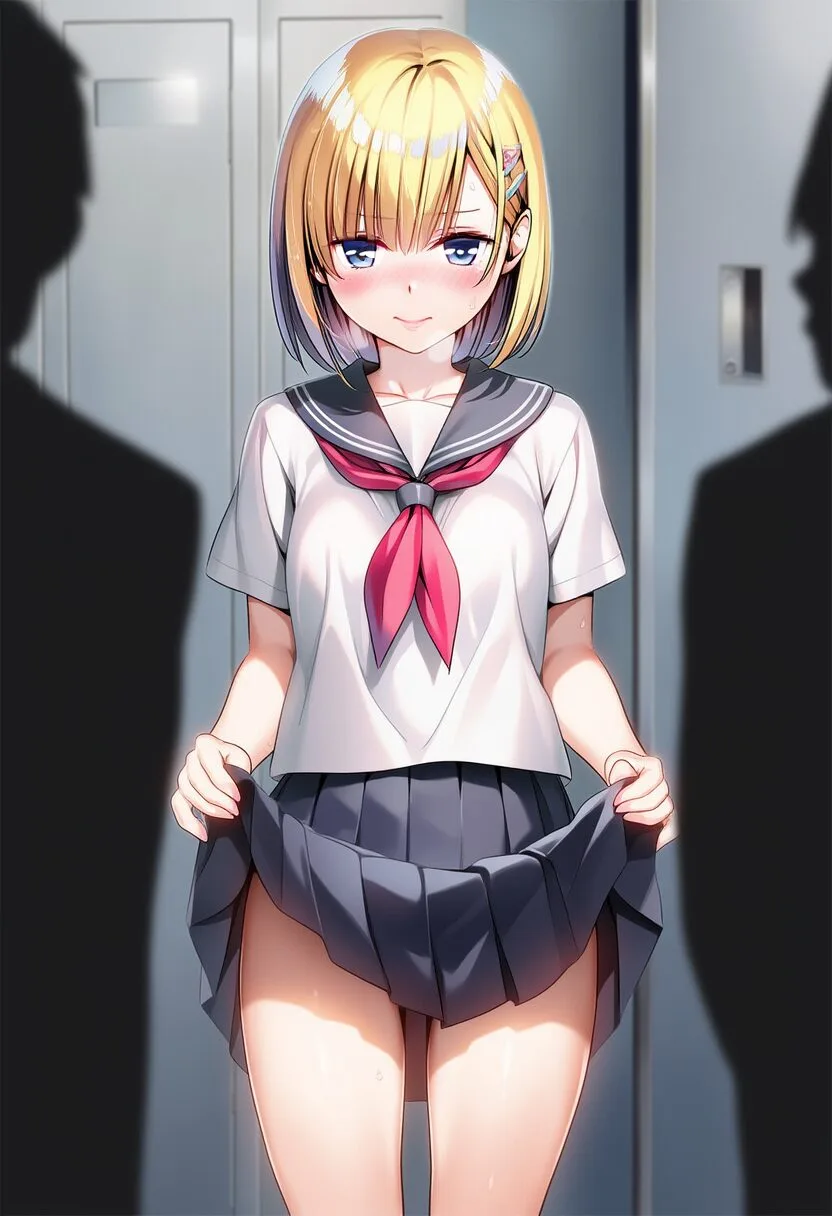 金髪の可愛い女の子は罰ゲームでたくし上げて、ノーパンである。