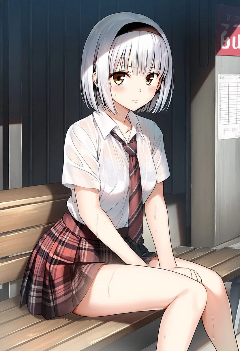 銀髪ショートの女の子が雨に濡れている