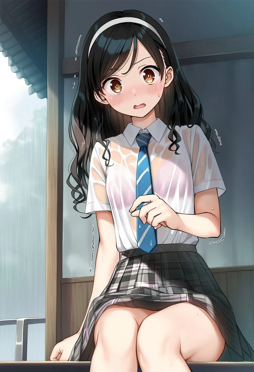 雨に濡れて震えるヘアバンドの女子