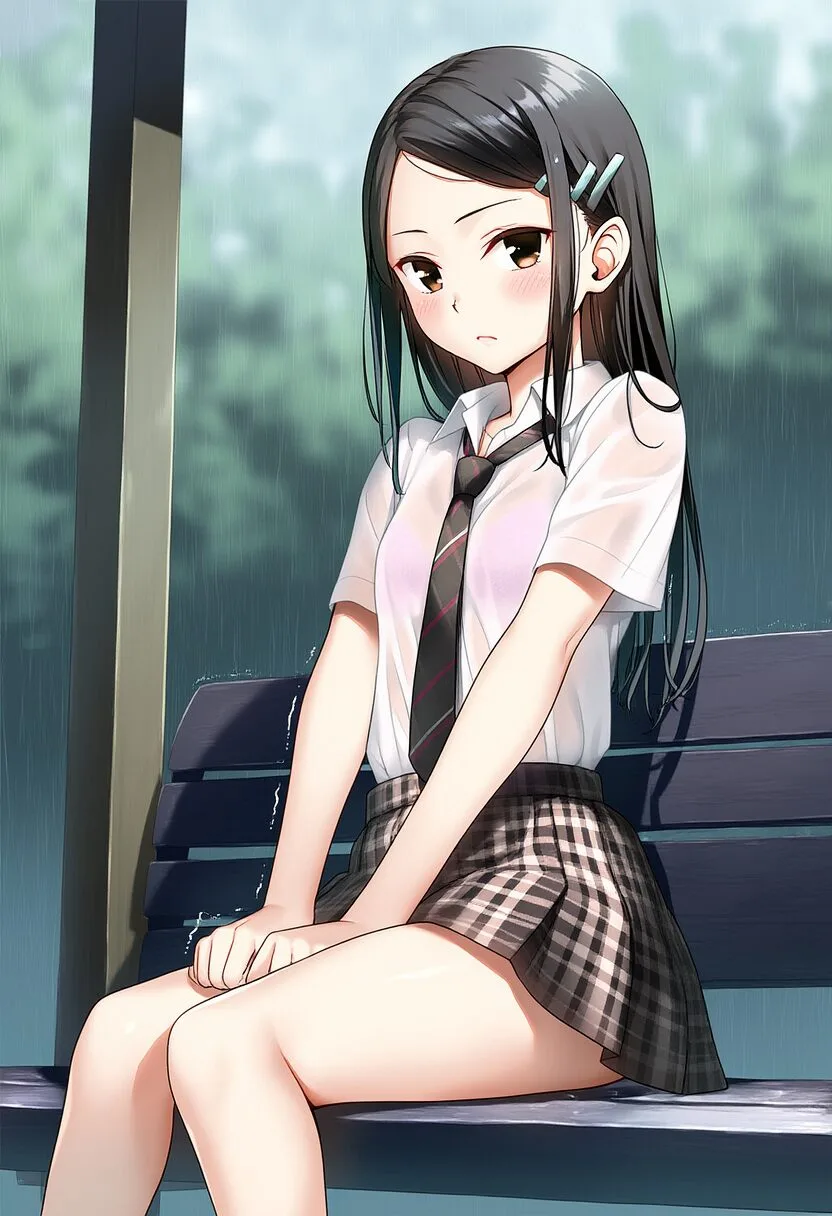 黒髪ストレートお嬢が雨に濡れている