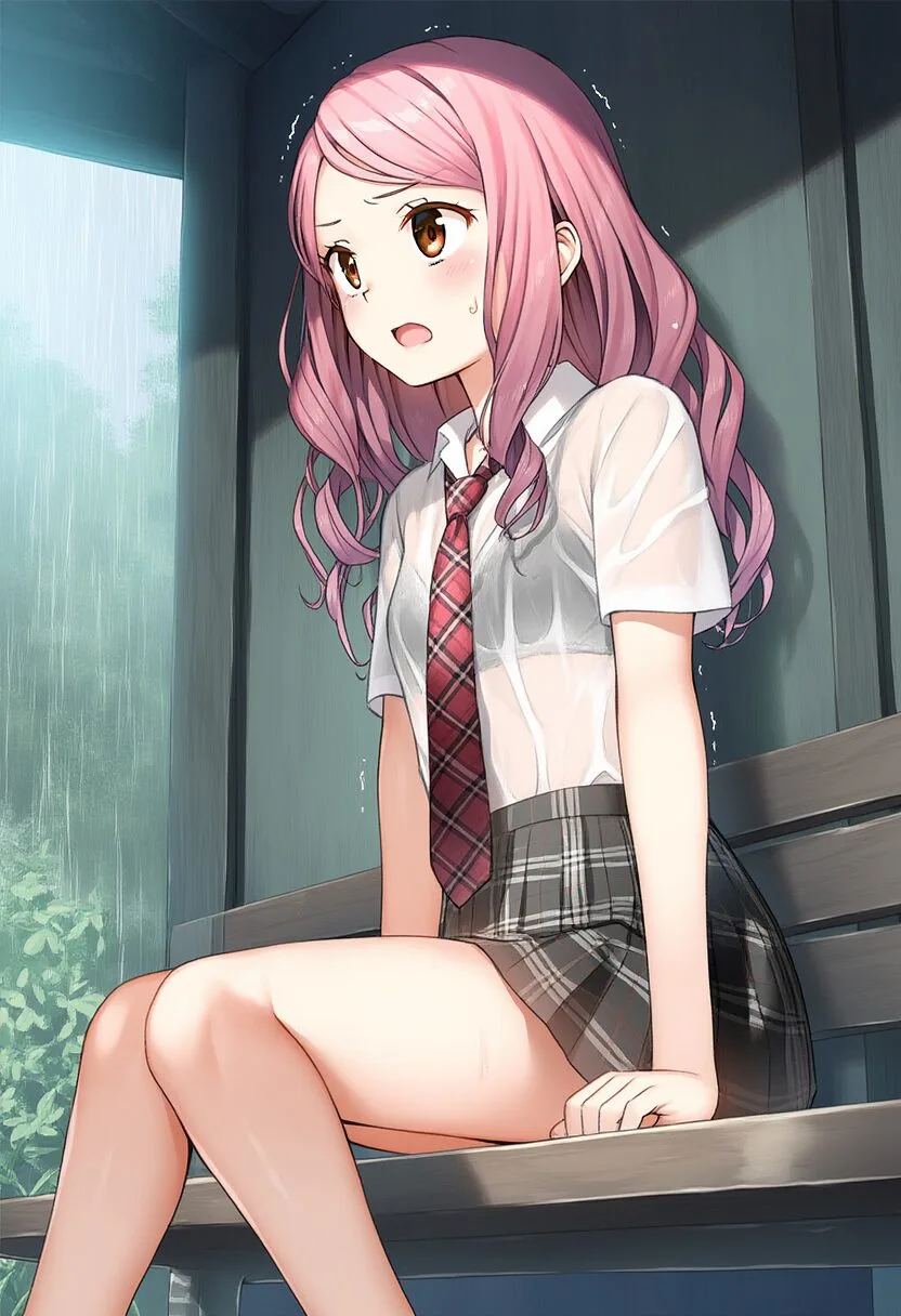 天パなピンク髪の女子が雨に濡れて震える