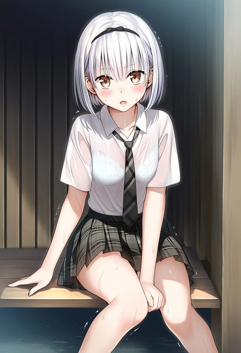 バス停で雨に濡れる銀髪ショートヘア女の子