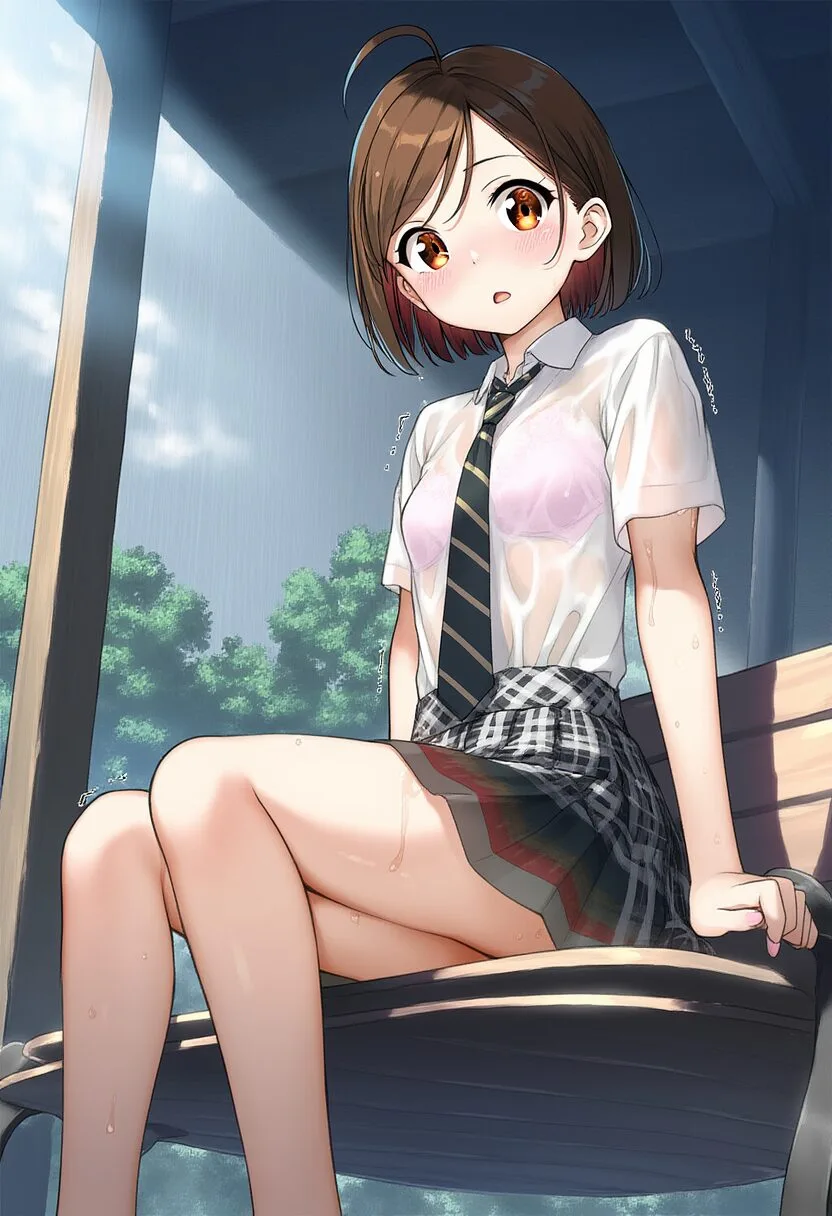 優しいお姉さんがバス停で雨に濡れて震えている