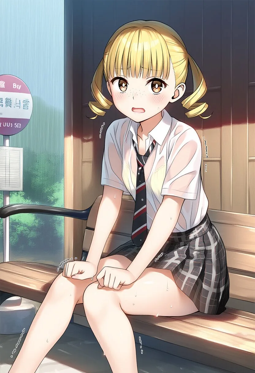金髪ツインテール女子が雨に濡れている