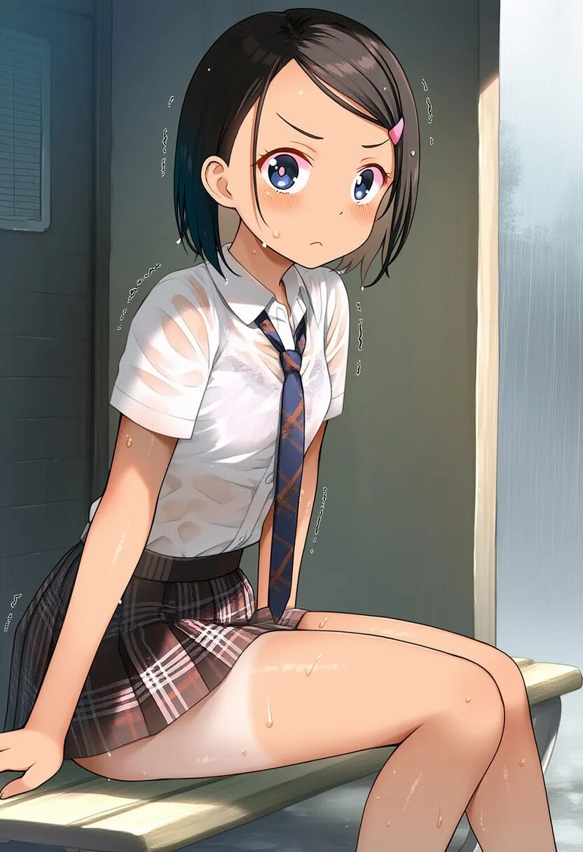 雨に濡れる日に焼けた女子