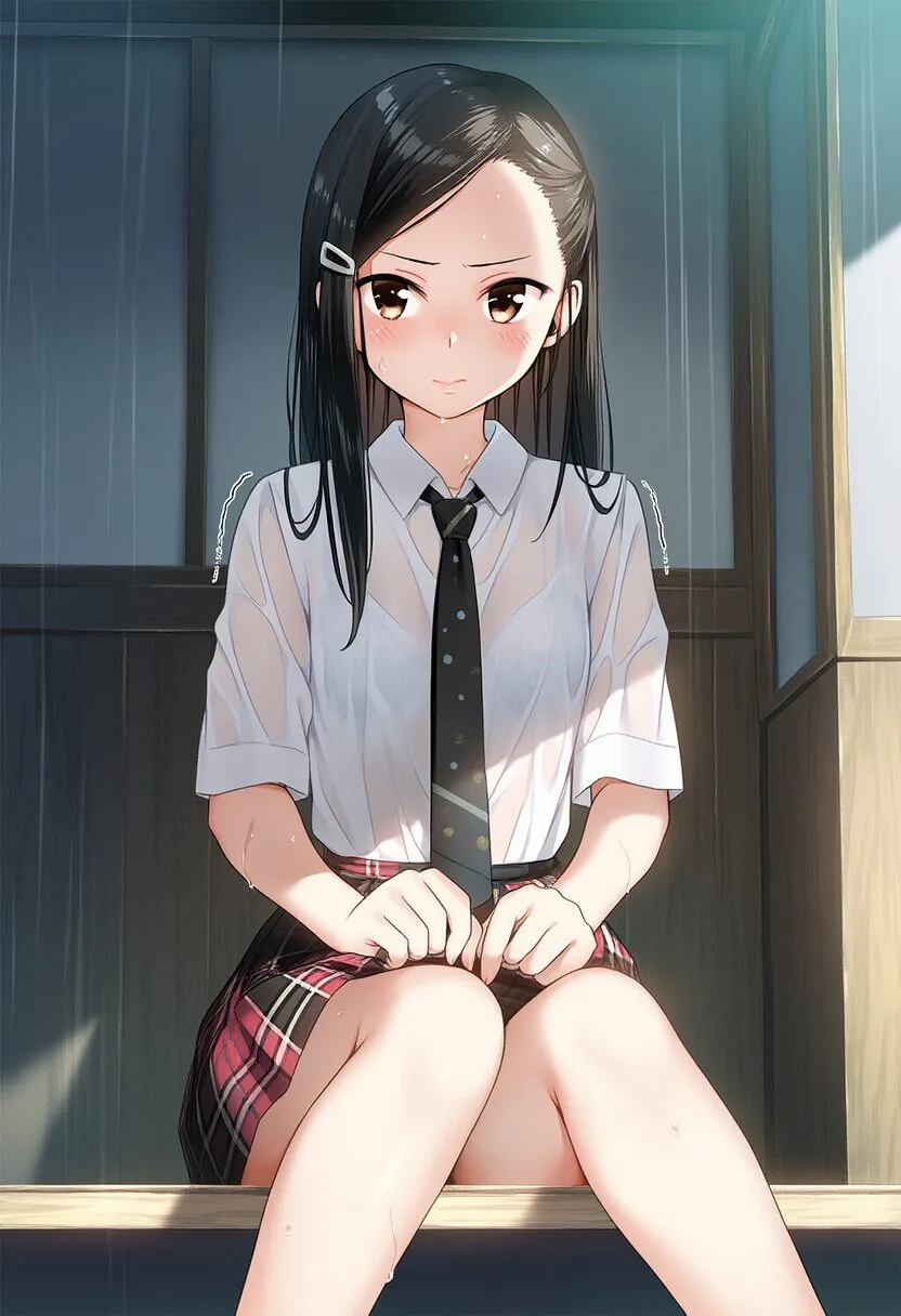 バス停で雨に濡れて震える黒髪のお嬢様