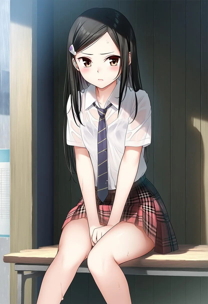 黒髪ストレートお嬢様がバス停で雨に濡れて震えている