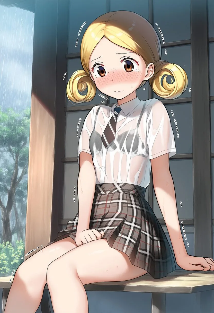 金髪ツインテール女子が雨に濡れている